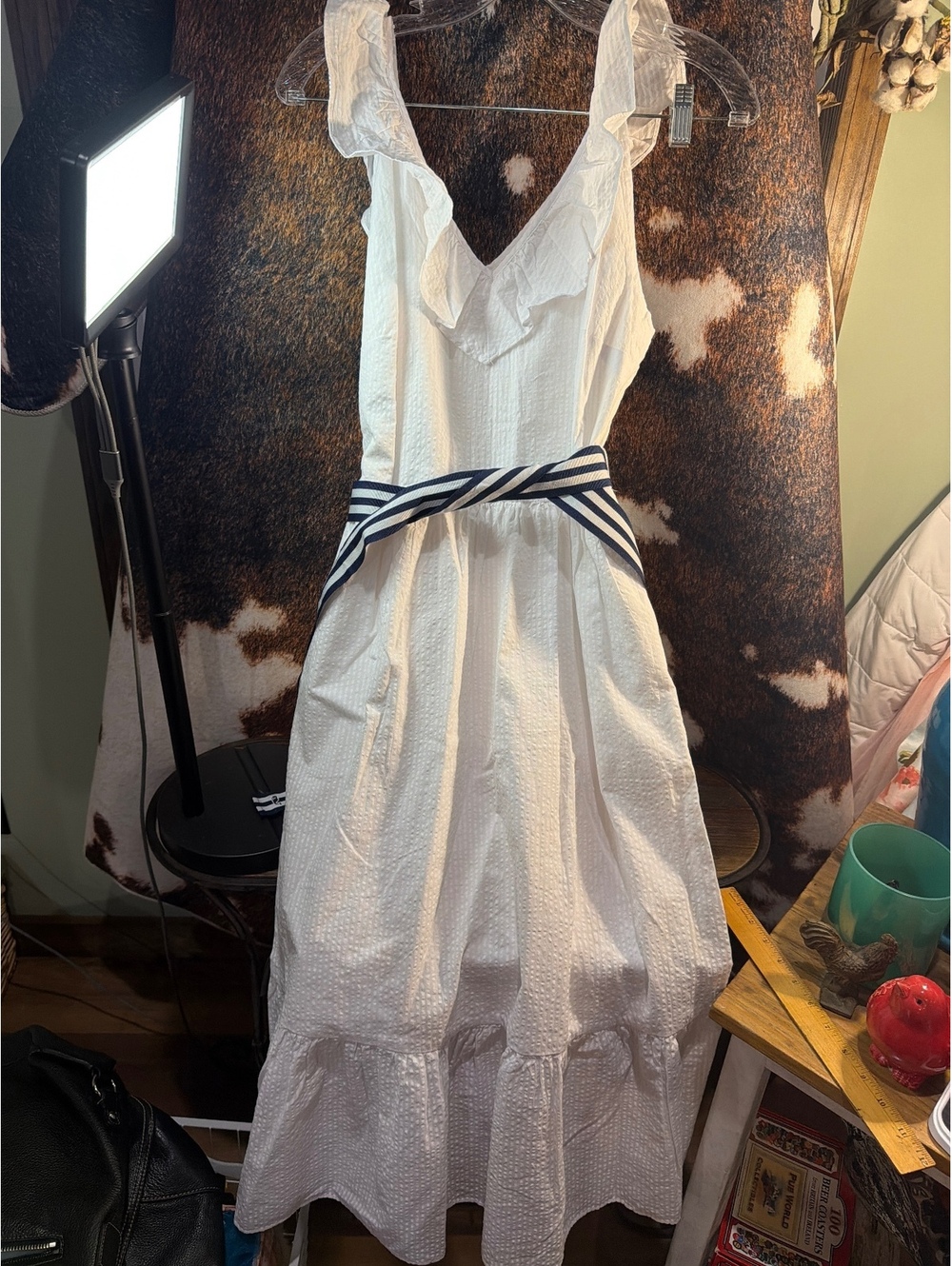 Vineyard Vines White Ruffle Midi Dress with Striped Belt - Size Small
